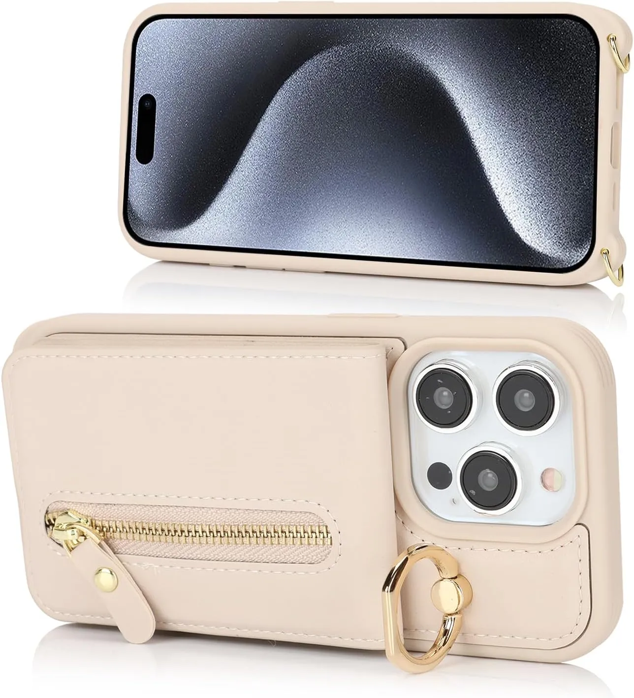 for iPhone 15 Pro Wallet Case with Card Holder, for iPhone 15 Pro Case Wallet with Strap Credit Card Slot, Crossbody Bag with Zipper Case for iPhone15 Pro - Warm White