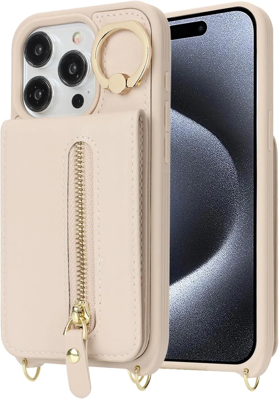 for iPhone 15 Pro Wallet Case with Card Holder, for iPhone 15 Pro Case Wallet with Strap Credit Card Slot, Crossbody Bag with Zipper Case for iPhone15 Pro - Warm White