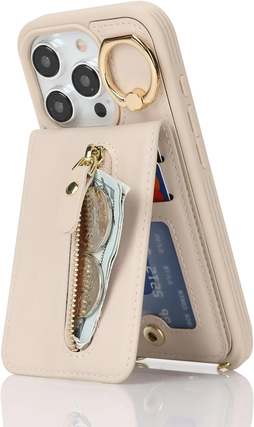 for iPhone 15 Pro Wallet Case with Card Holder, for iPhone 15 Pro Case Wallet with Strap Credit Card Slot, Crossbody Bag with Zipper Case for iPhone15 Pro - Warm White