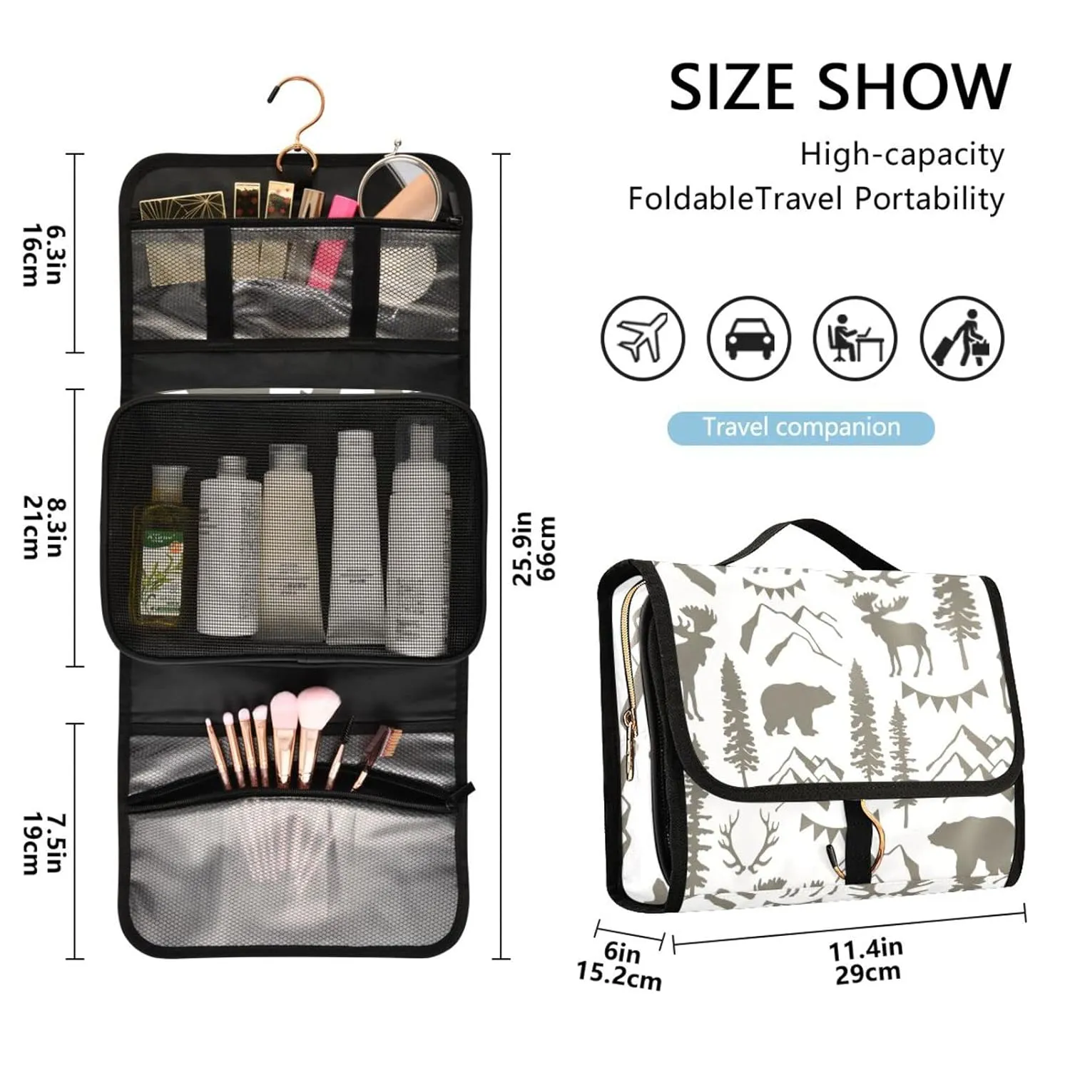 Forest Moose Bear Mountain Trees Wild Nature Retro Grey Style 1 PC Hanging Toiletry Wash bag Portable Makeup Organizer Brush Storage Case Portable Travel Cosmetic with Hook