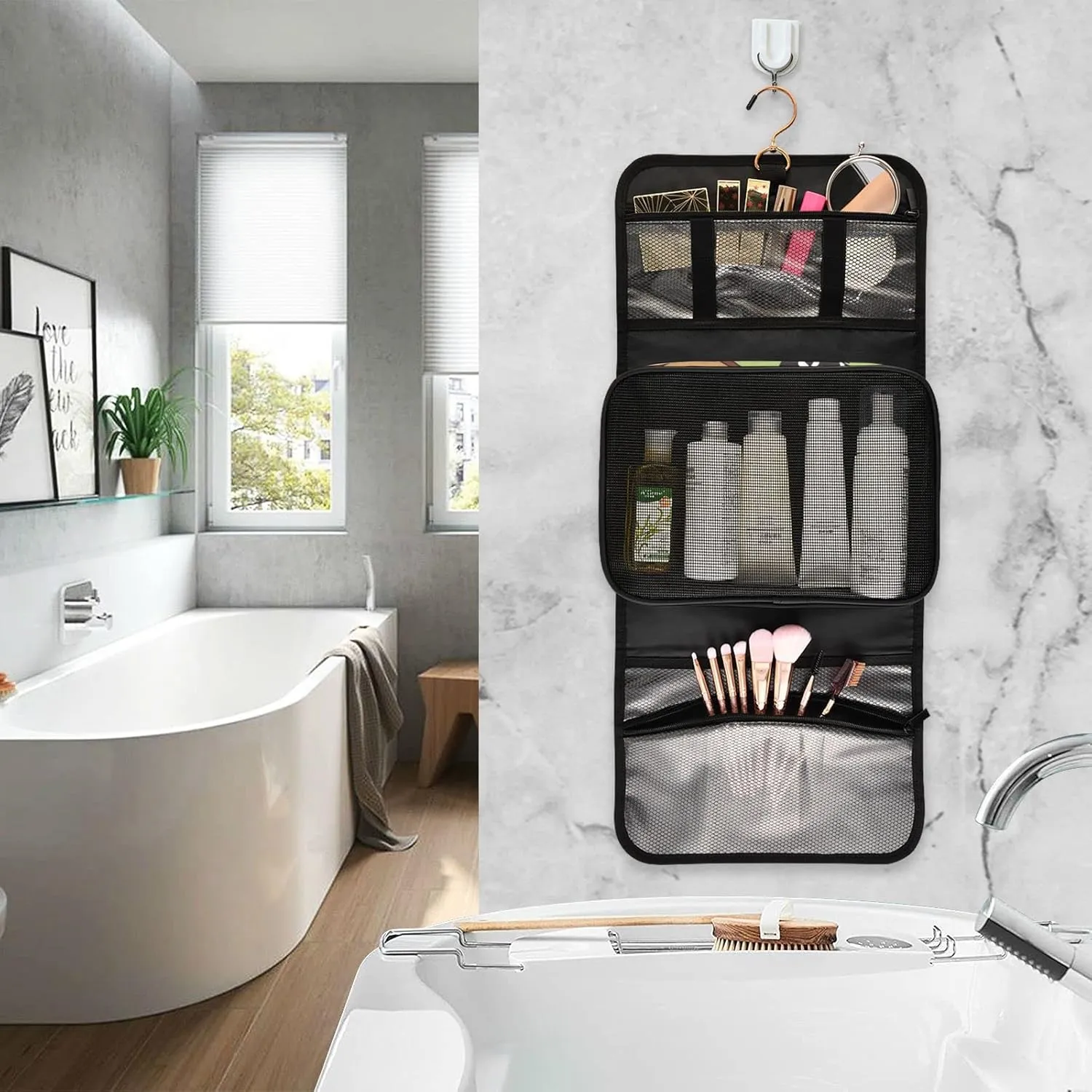 Forest Moose Bear Mountain Trees Wild Nature Retro Grey Style 1 PC Hanging Toiletry Wash bag Portable Makeup Organizer Brush Storage Case Portable Travel Cosmetic with Hook