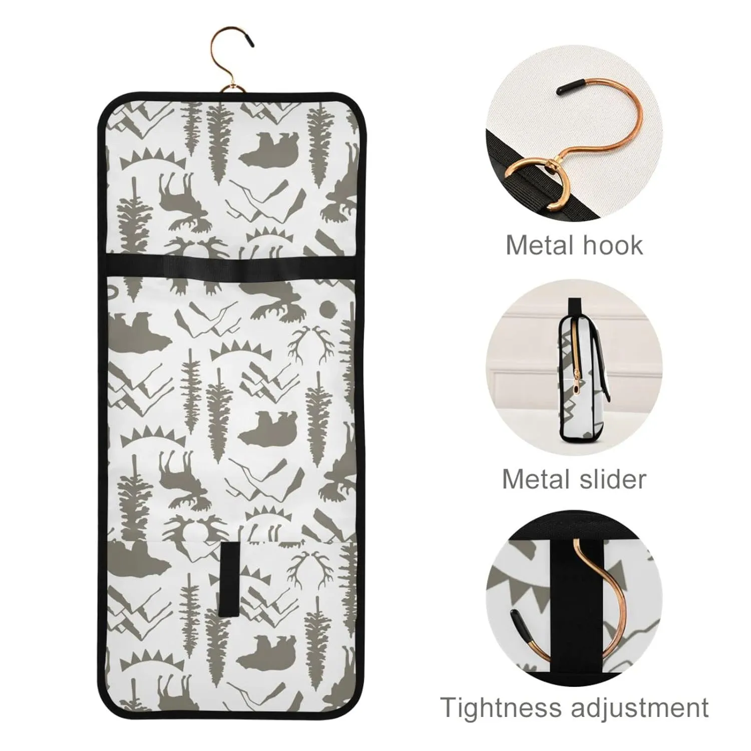 Forest Moose Bear Mountain Trees Wild Nature Retro Grey Style 1 PC Hanging Toiletry Wash bag Portable Makeup Organizer Brush Storage Case Portable Travel Cosmetic with Hook