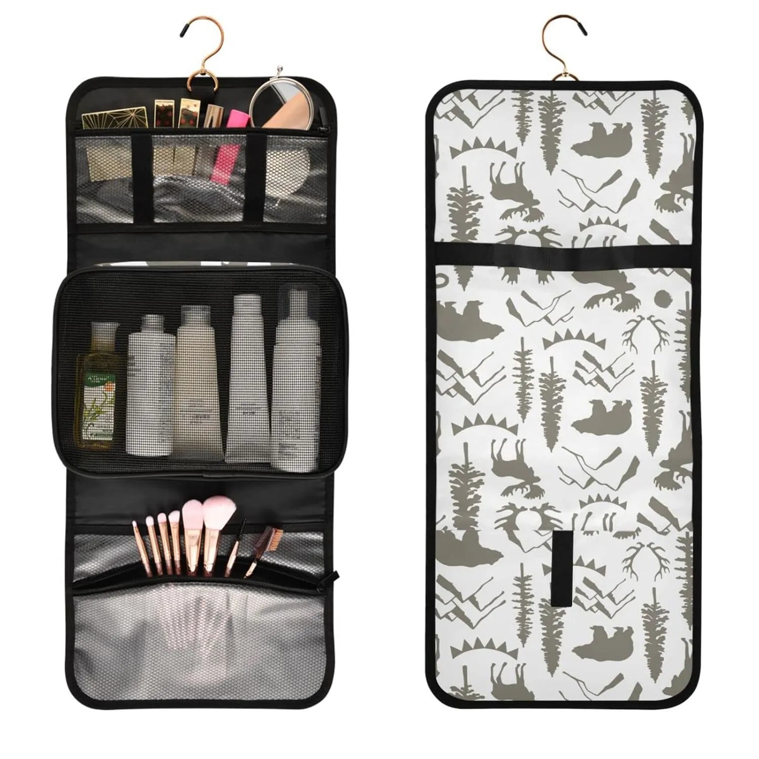 Forest Moose Bear Mountain Trees Wild Nature Retro Grey Style 1 PC Hanging Toiletry Wash bag Portable Makeup Organizer Brush Storage Case Portable Travel Cosmetic with Hook