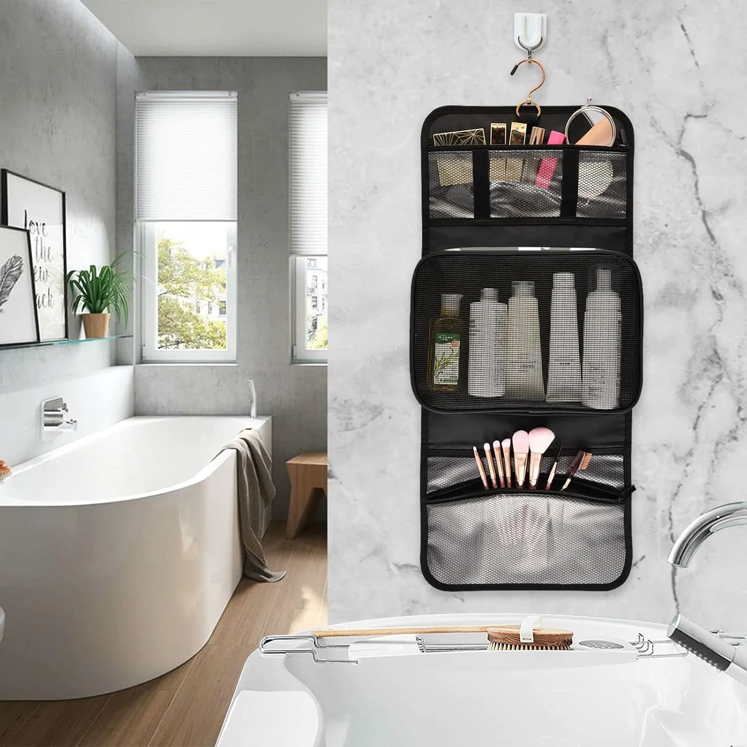 Forest Moose Bear Mountain Trees Wild Nature Retro Grey Style 1 PC Hanging Toiletry Wash bag Portable Makeup Organizer Brush Storage Case Portable Travel Cosmetic with Hook