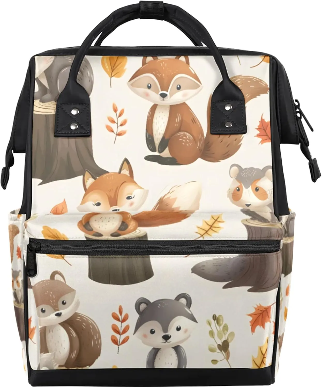 Fox Raccoon Stump Leaf Diaper Bag Mommy Bags With Adjustable Shoulder Strap Waterproof Multifunction Shoulder Bag Travel Large Capacity Backpack for Moms And Dads