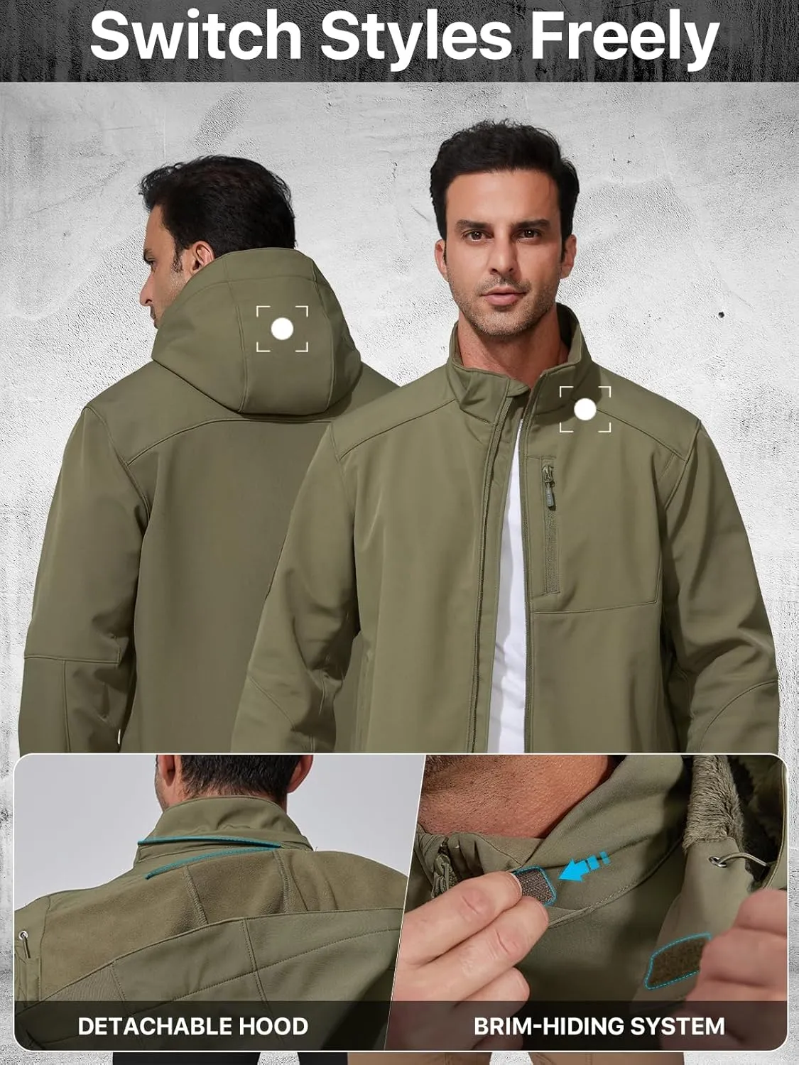 FREE SOLDIER Men's Lightweight Softshell Jacket Winter Fleece Lined Hooded Rain Waterproof Hiking Outdoor Jackets