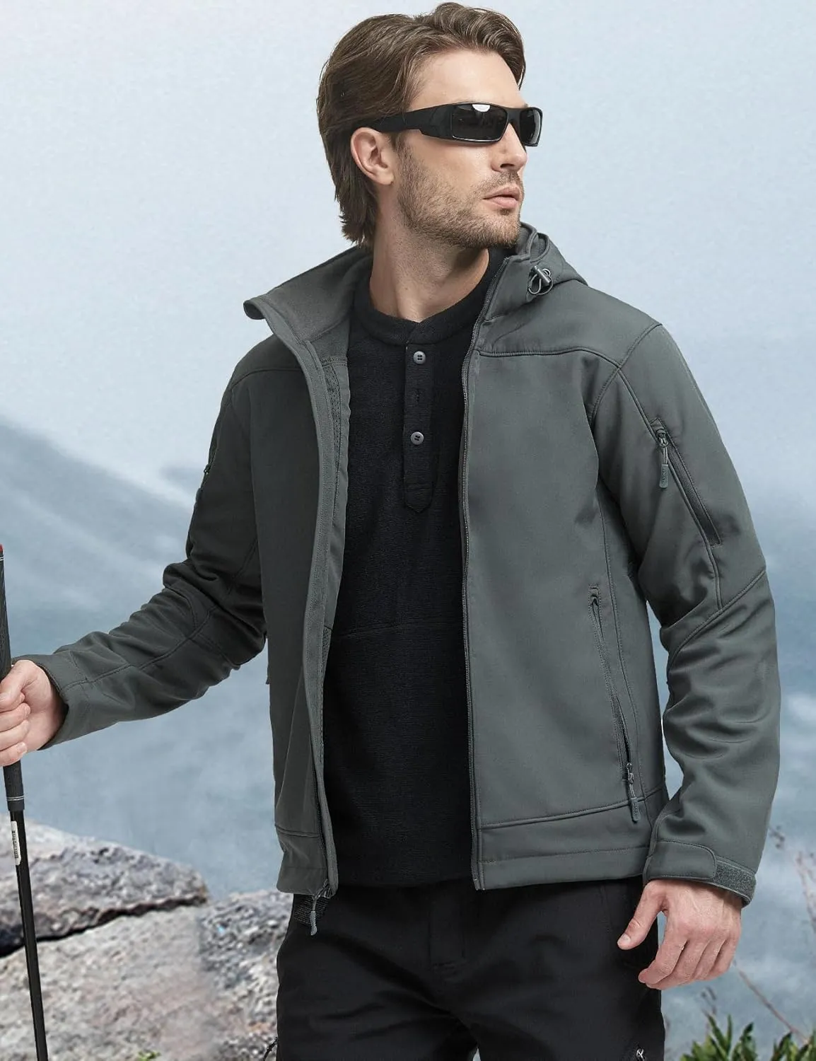 FREE SOLDIER Men's Softshell Hiking Jacket Waterproof Hooded Tactical Hunting Jacket