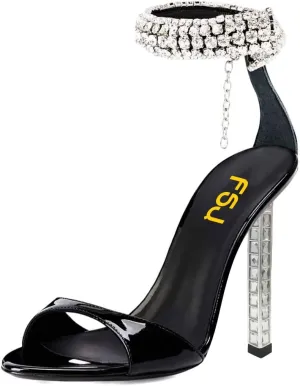 FSJ Women High Heels Shiny Crystal Ankle Strap Sandals Open Toe Sparkly Prom Evening Formal Dressy Wedding Shoes Size 4-15 US