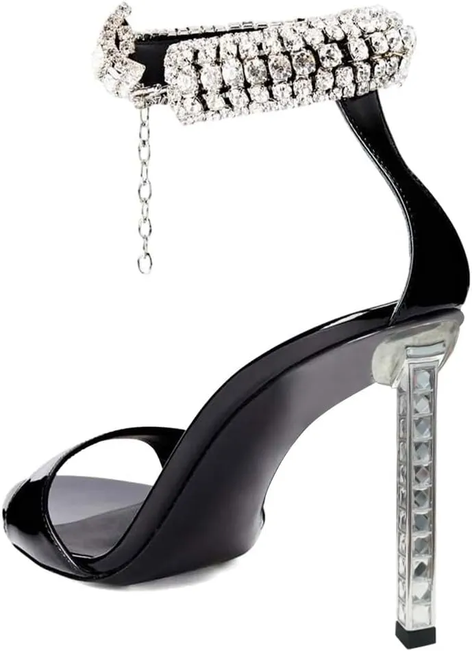 FSJ Women High Heels Shiny Crystal Ankle Strap Sandals Open Toe Sparkly Prom Evening Formal Dressy Wedding Shoes Size 4-15 US