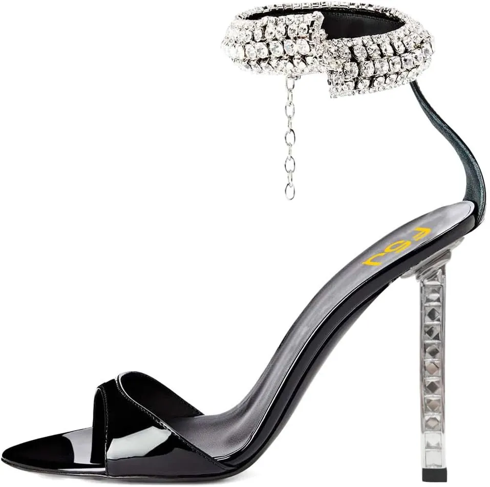 FSJ Women High Heels Shiny Crystal Ankle Strap Sandals Open Toe Sparkly Prom Evening Formal Dressy Wedding Shoes Size 4-15 US