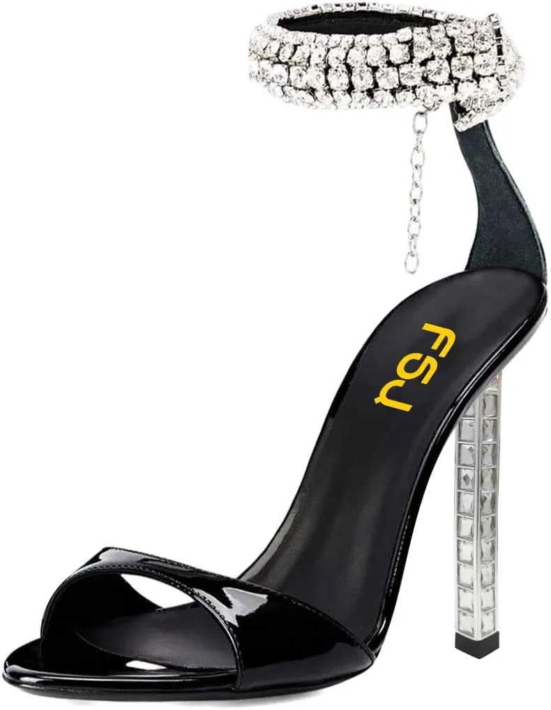 FSJ Women High Heels Shiny Crystal Ankle Strap Sandals Open Toe Sparkly Prom Evening Formal Dressy Wedding Shoes Size 4-15 US