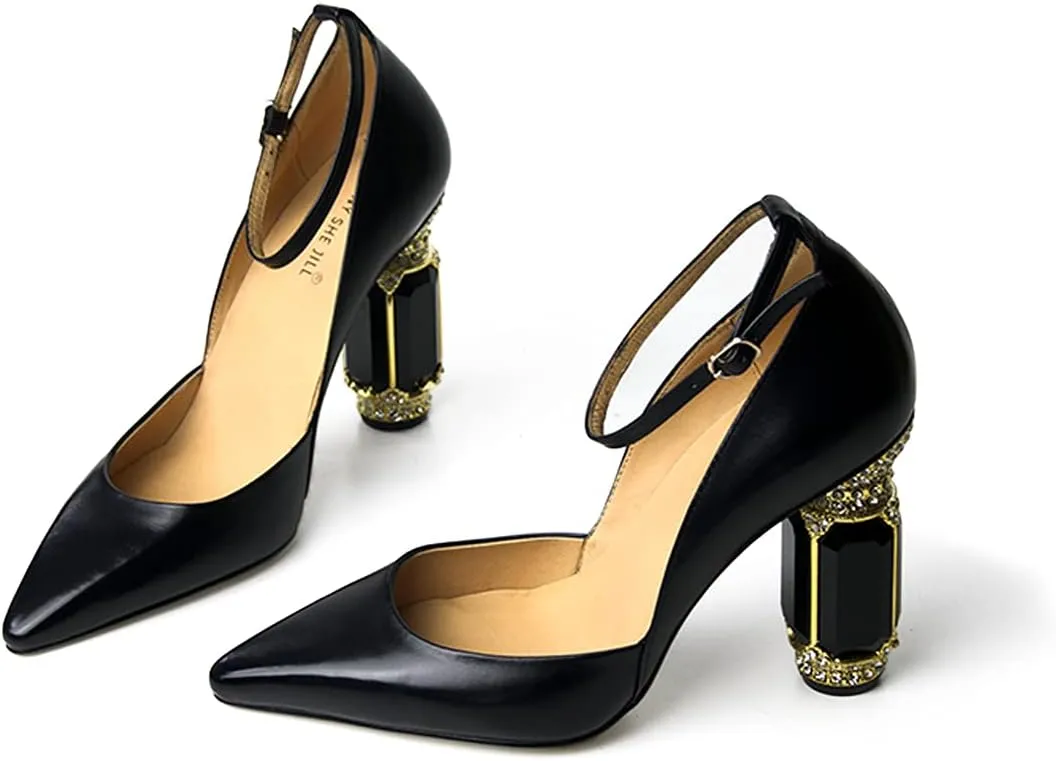 FSJ Women's Comfortable Block High Heels Pointed Toe Rhinestone Pumps Ankle Strap Leather Ladies Party Dress Shoes Size 4-15 Us