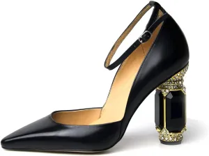 FSJ Women's Comfortable Block High Heels Pointed Toe Rhinestone Pumps Ankle Strap Leather Ladies Party Dress Shoes Size 4-15 Us