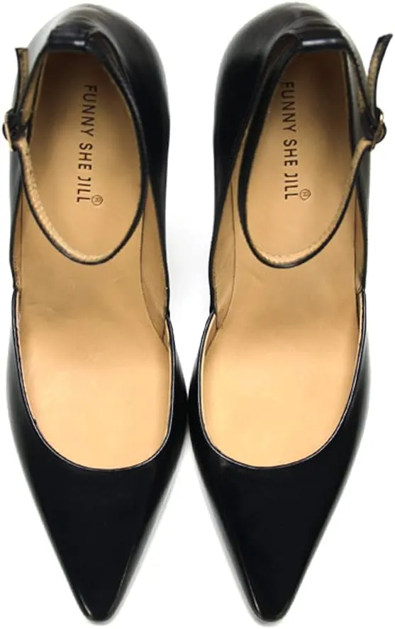 FSJ Women's Comfortable Block High Heels Pointed Toe Rhinestone Pumps Ankle Strap Leather Ladies Party Dress Shoes Size 4-15 Us