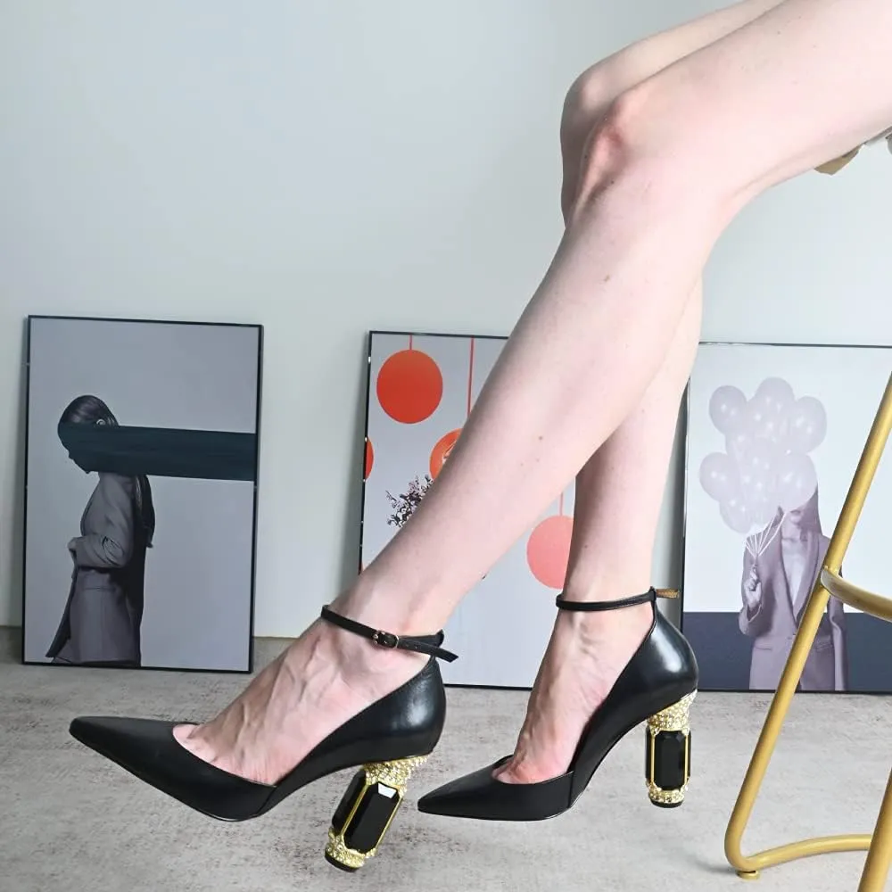 FSJ Women's Comfortable Block High Heels Pointed Toe Rhinestone Pumps Ankle Strap Leather Ladies Party Dress Shoes Size 4-15 Us