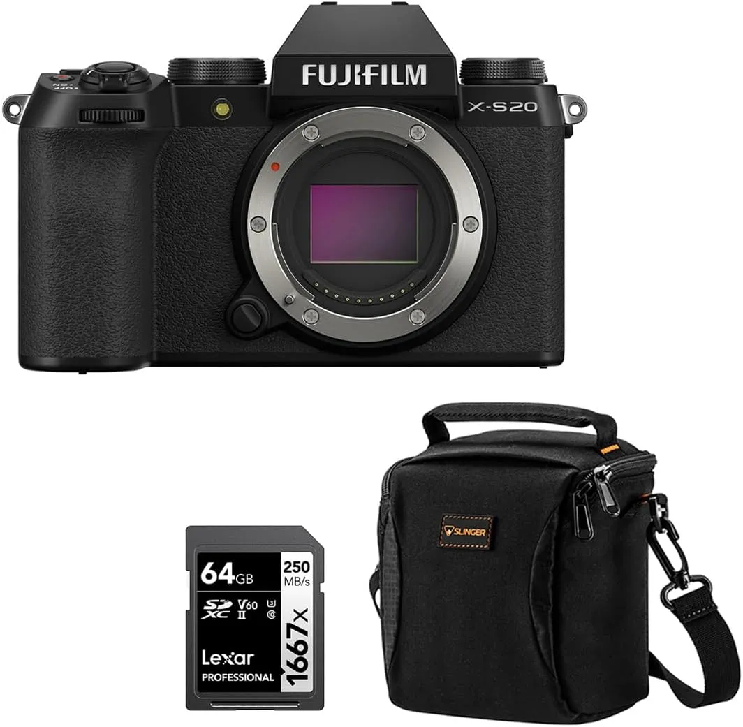 Fujifilm X-S20 Mirrorless Camera, Black, Bundle with 64GB SDXC Memory Card and Shoulder Bag