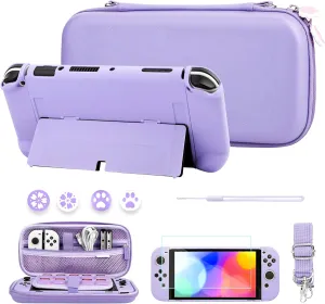 FUNDIARY Purple Travel Carrying Case for Nintendo Switch OLED with Sakura Design, Portable Accessories Kit with Slim Storage Bag, Dockable PC Skin Case, Screen Protector, Shoulder Strap & 4 Thumb Caps