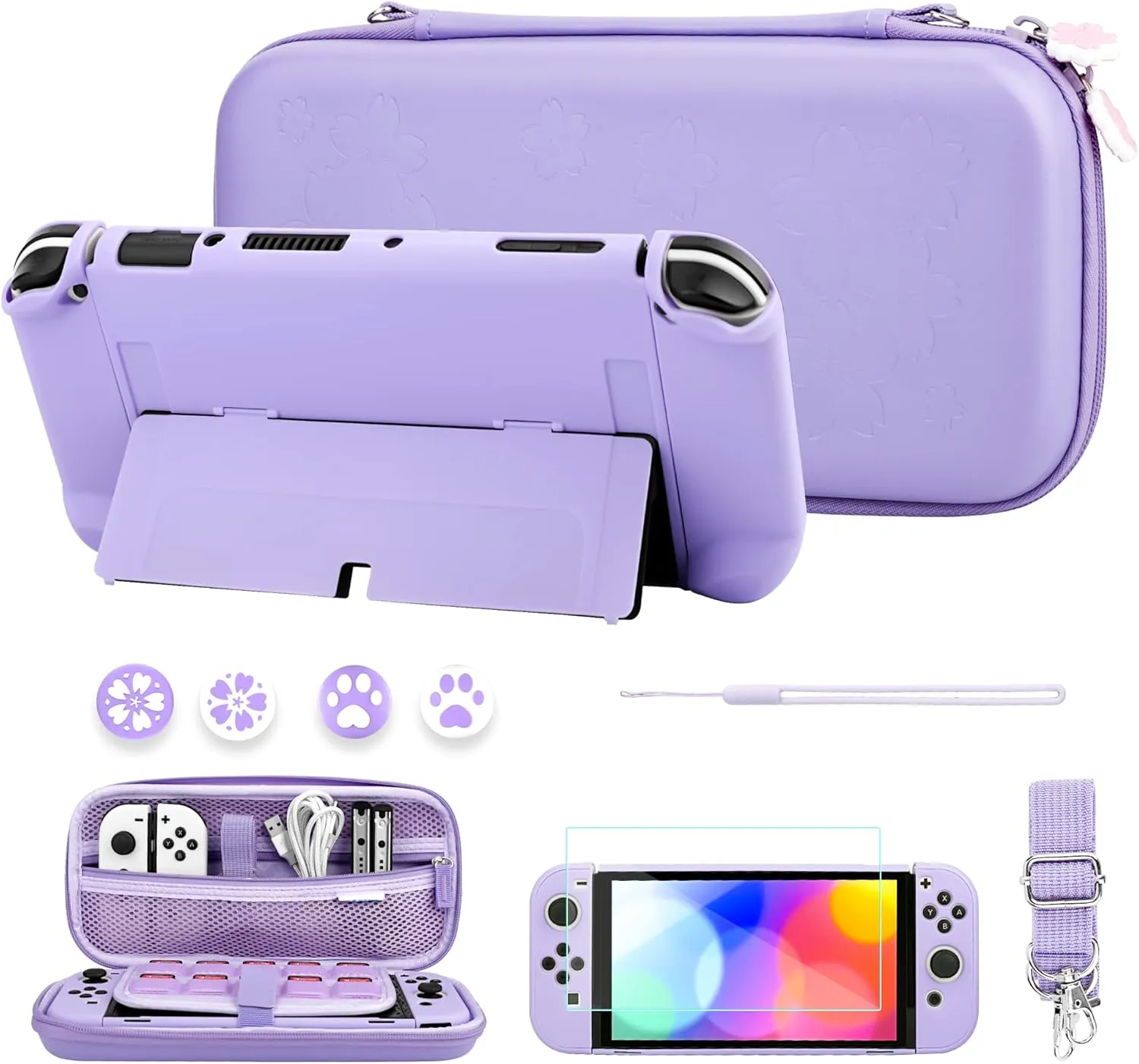 FUNDIARY Purple Travel Carrying Case for Nintendo Switch OLED with Sakura Design, Portable Accessories Kit with Slim Storage Bag, Dockable PC Skin Case, Screen Protector, Shoulder Strap & 4 Thumb Caps