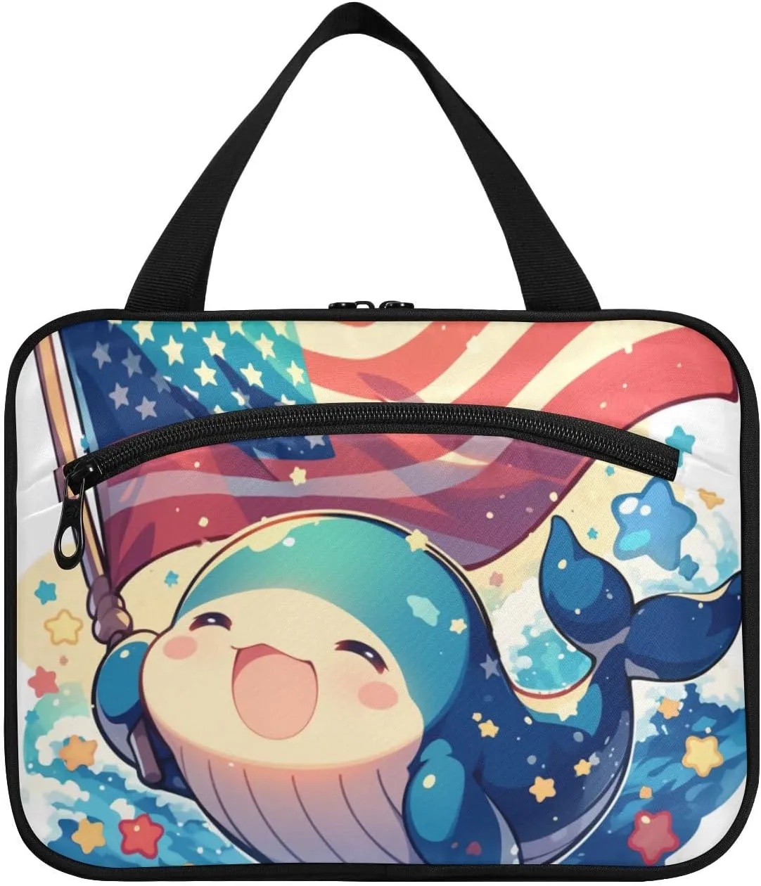 Funny Cartoon Dugong 4th Of July Independence Day hanging travel toiletry bags with hook, designer unisex skincare bag for travel essentials for women gym bolso para maquillaje L