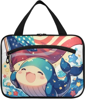 Funny Cartoon Dugong 4th Of July Independence Day hanging travel toiletry bags with hook, designer unisex skincare bag for travel essentials for women gym bolso para maquillaje L