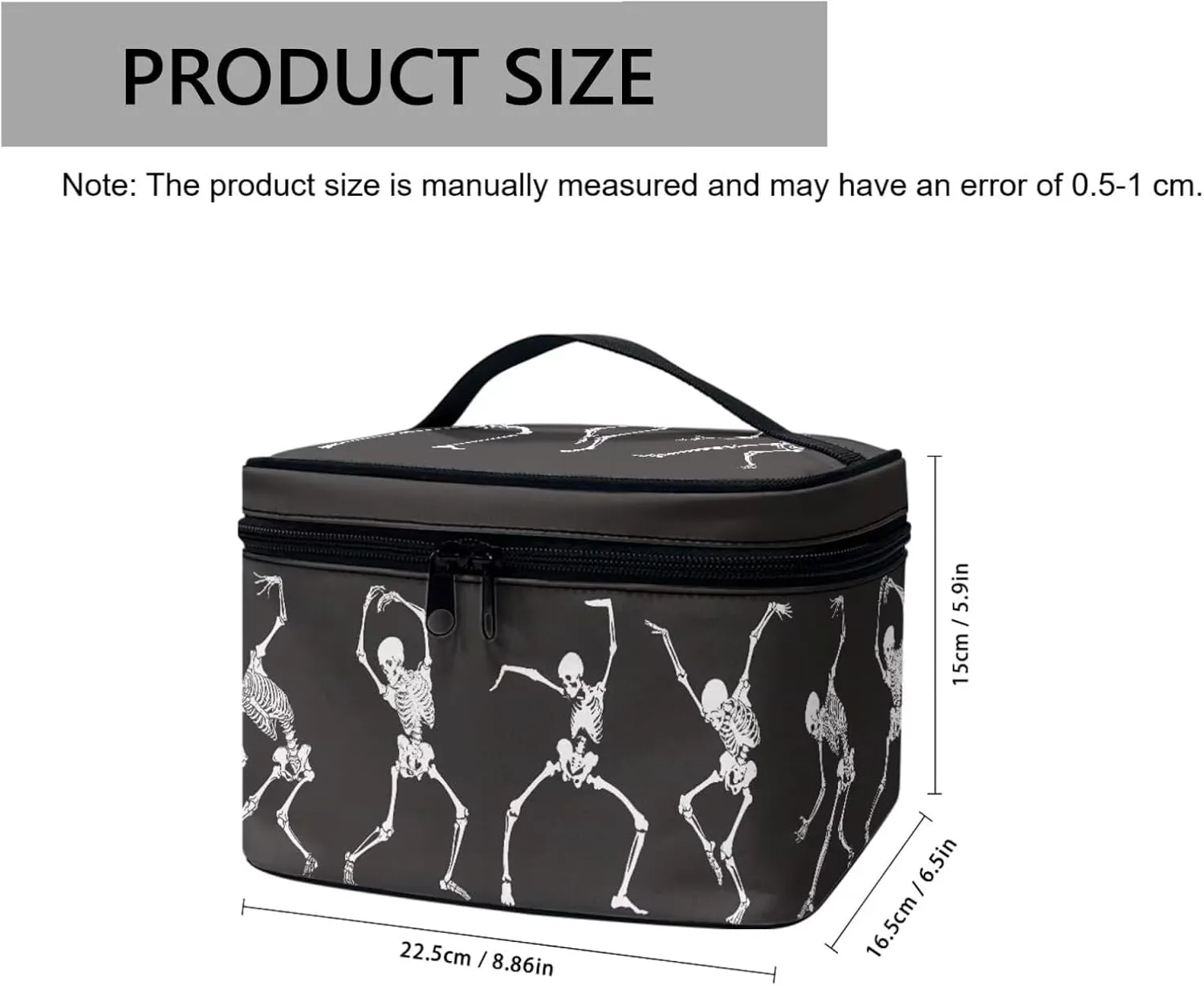 Funny Skeleton Print Makeup Organizer Case Toiletry Bag for Women, Halloween Novelty Dancing Skulls Pattern Travel Cosmetic Bag for Toiletries Essential, Black