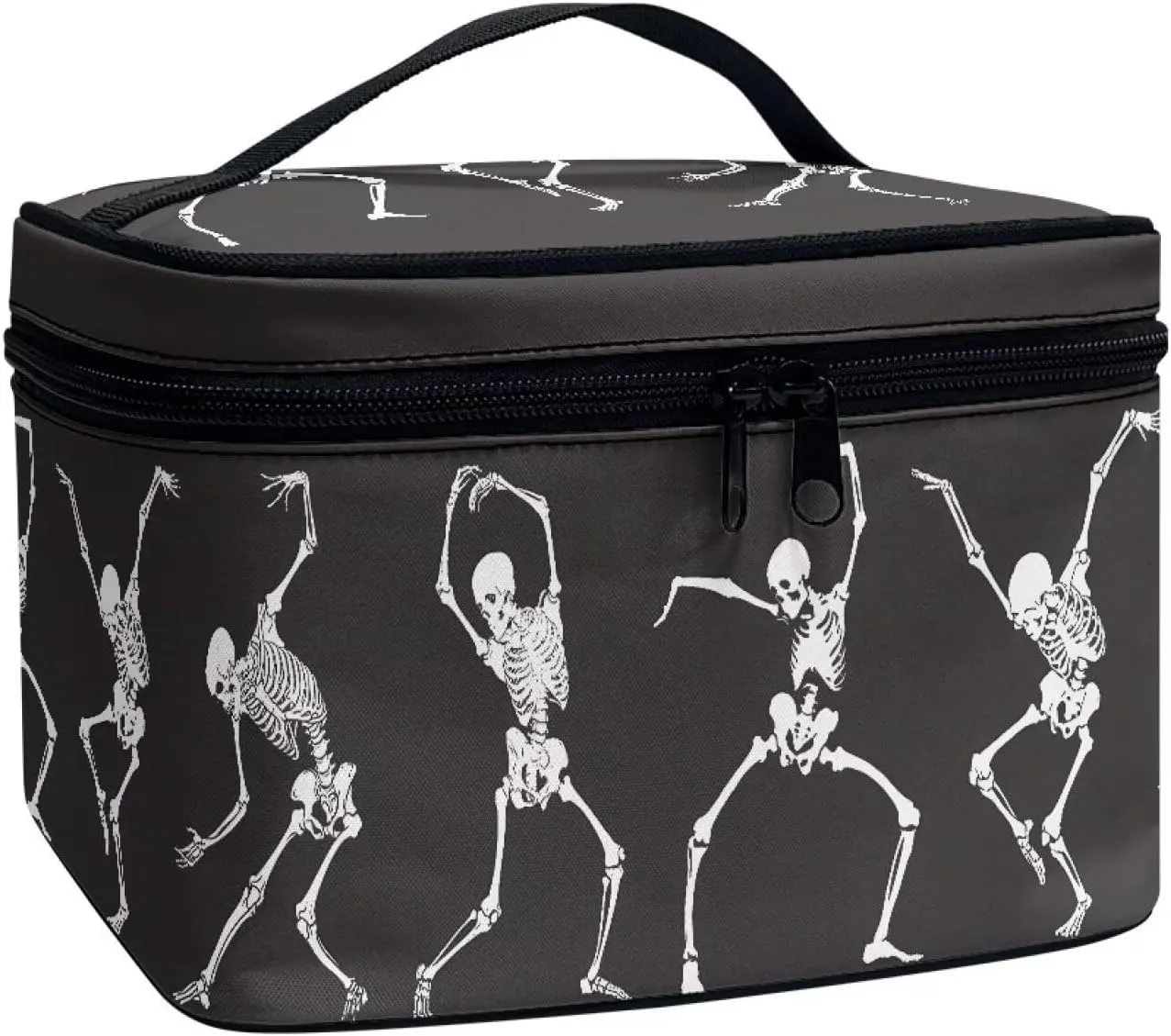 Funny Skeleton Print Makeup Organizer Case Toiletry Bag for Women, Halloween Novelty Dancing Skulls Pattern Travel Cosmetic Bag for Toiletries Essential, Black