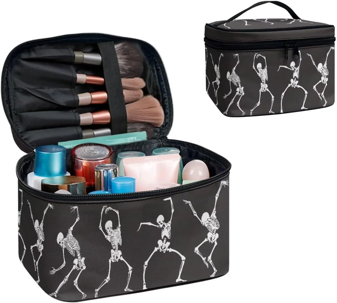 Funny Skeleton Print Makeup Organizer Case Toiletry Bag for Women, Halloween Novelty Dancing Skulls Pattern Travel Cosmetic Bag for Toiletries Essential, Black