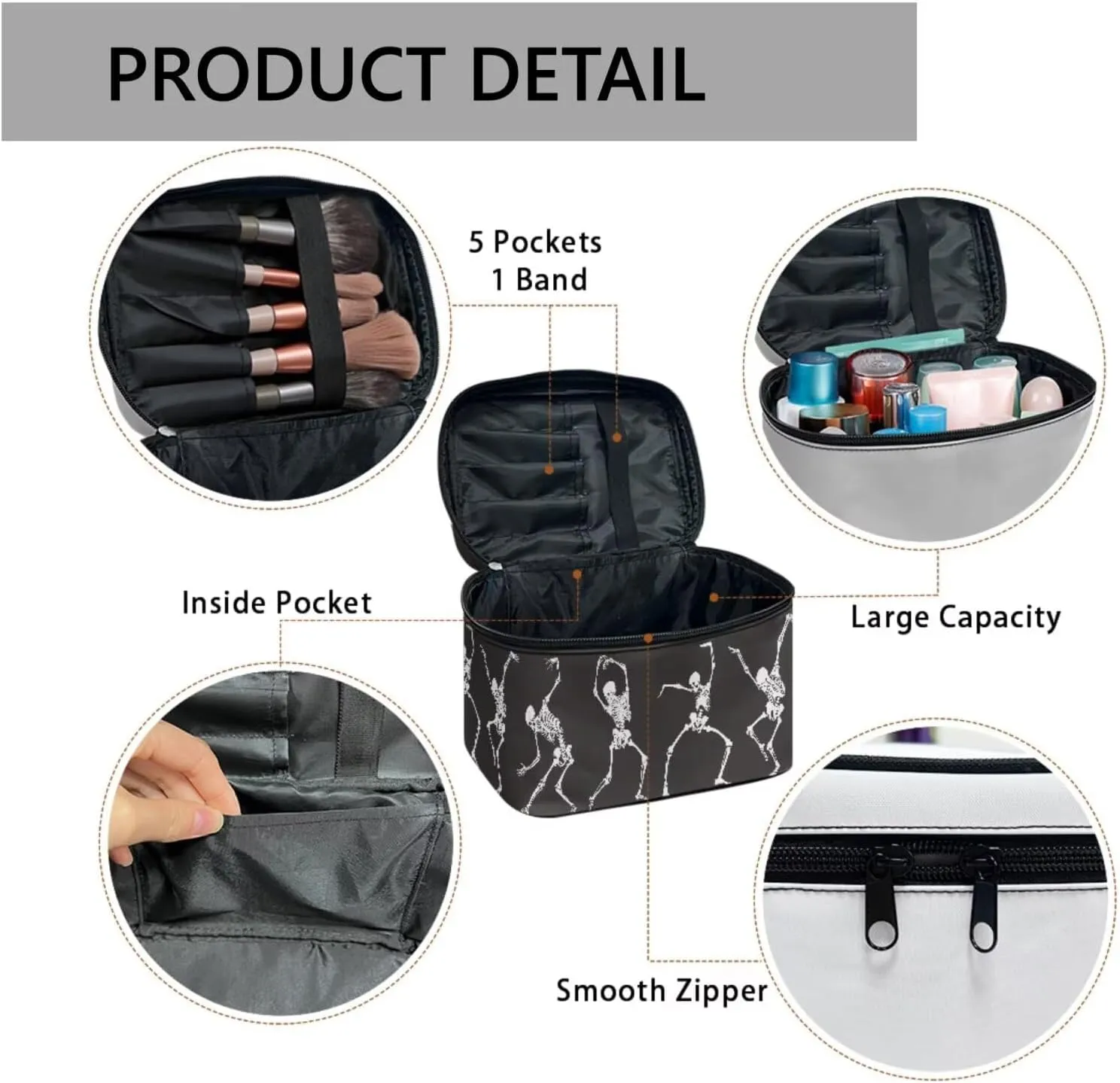 Funny Skeleton Print Makeup Organizer Case Toiletry Bag for Women, Halloween Novelty Dancing Skulls Pattern Travel Cosmetic Bag for Toiletries Essential, Black