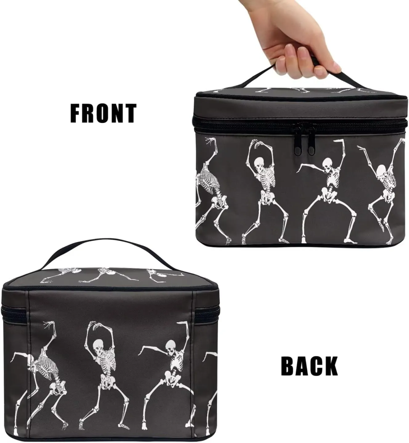 Funny Skeleton Print Makeup Organizer Case Toiletry Bag for Women, Halloween Novelty Dancing Skulls Pattern Travel Cosmetic Bag for Toiletries Essential, Black
