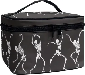 Funny Skeleton Print Makeup Organizer Case Toiletry Bag for Women, Halloween Novelty Dancing Skulls Pattern Travel Cosmetic Bag for Toiletries Essential, Black