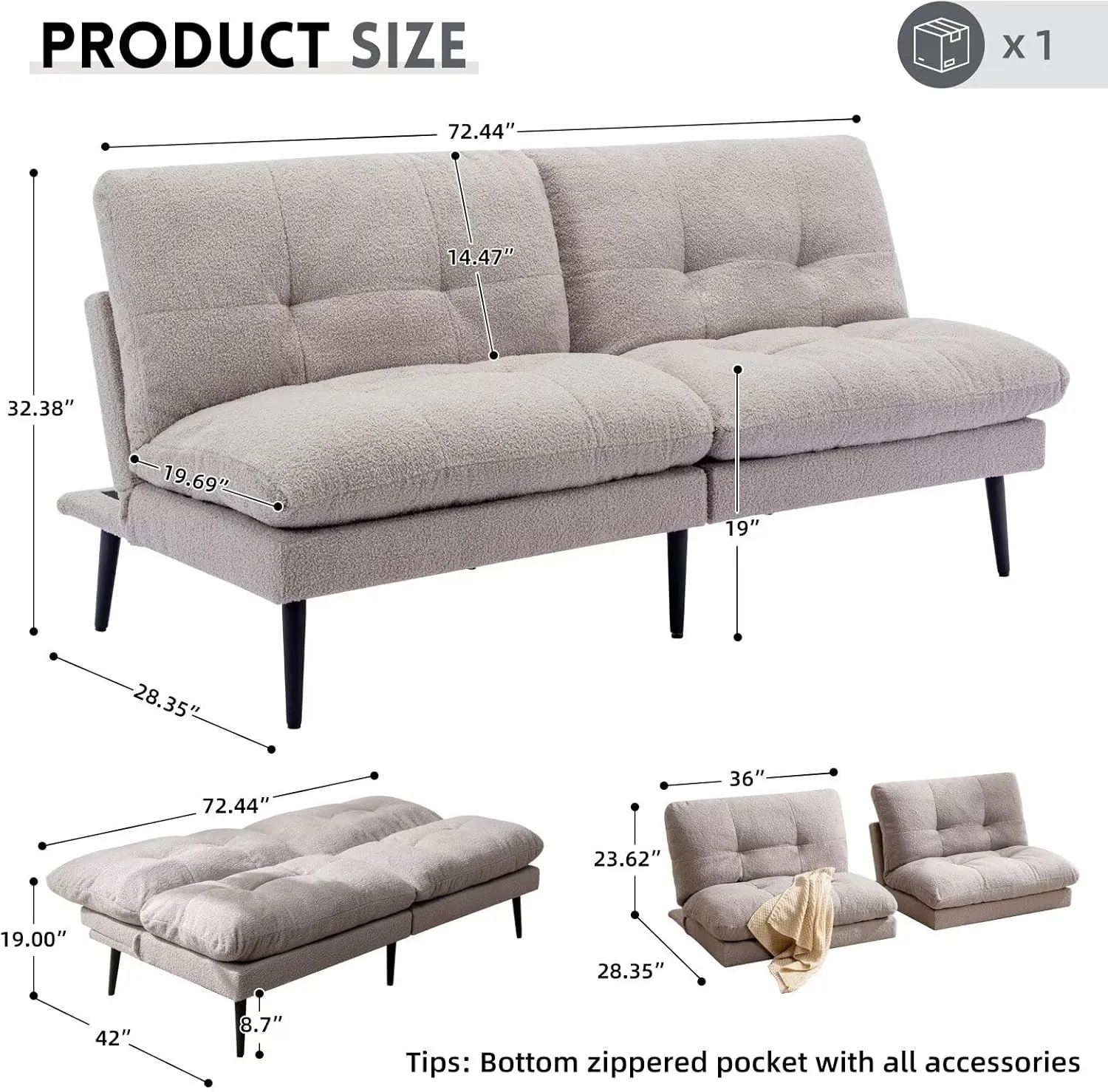 Futon Sofa Bed, Convertible Sleeper Futon Couch Bed Adjustable Backrest Couch Splitback Modern Loveseat Small Sofa for Living Room, Apartment, Office, Bedroom, Grey