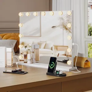 GAOMON Vanity Mirror with Lights, 15 LED Bulbs Makeup Mirror with 3X Magnifier, Touch Control 3 Color Lighting Modes   USB Charging Port, Tabletop/Wall-Mounted Makeup Mirror for Bedroom, (24" x 22")