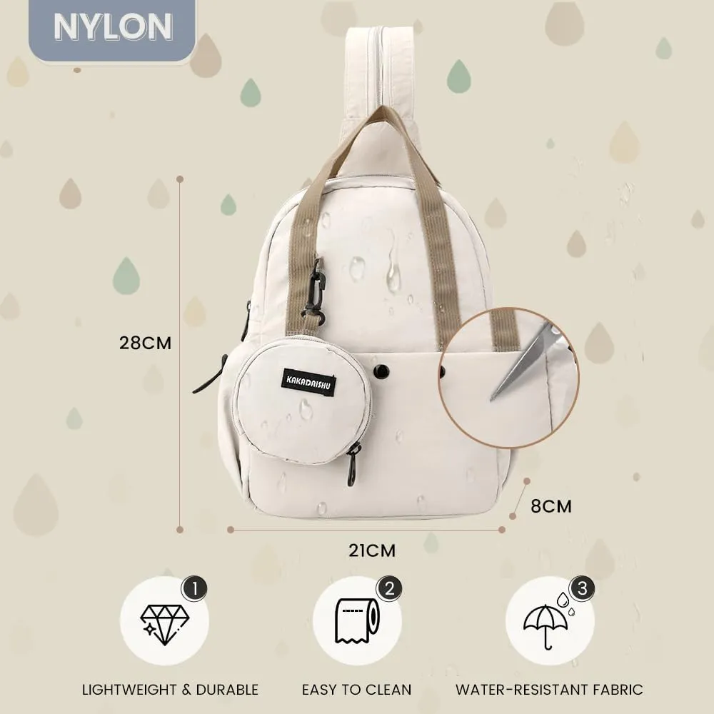 Geerlaqaly Sling Bag, Women's, Nylon, Small, Lightweight, Waterproof Multi functional Leisure Day Bag, Travel Backpack, Mini Backpack, Chest Bag,Can be carried by hand,white