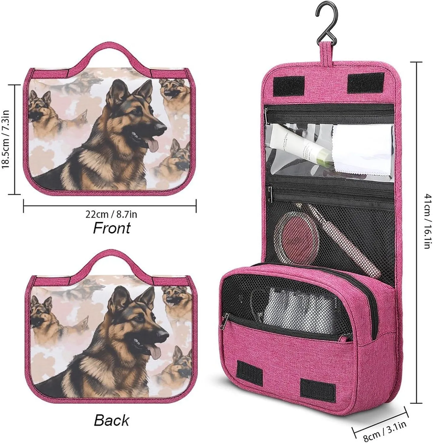 German Shepherd Dog Lovers Travel Toiletry Bag for Women,Hanging Toiletry Organizer with Hook, Makeup Bag Travel Organizer for Shampoo,Toiletriesl