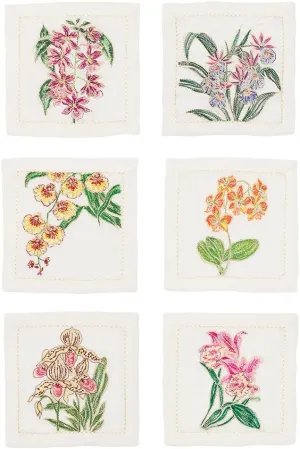 Gift-Boxed Set of 6 White & Multi Orchid Cocktail Napkins by Kim Seybert