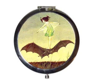 Girl Riding Bat Compact Mirror Bat Rider Fairytale Goth Storybook Illustration Make Up Pocket Mirror for Cosmetics