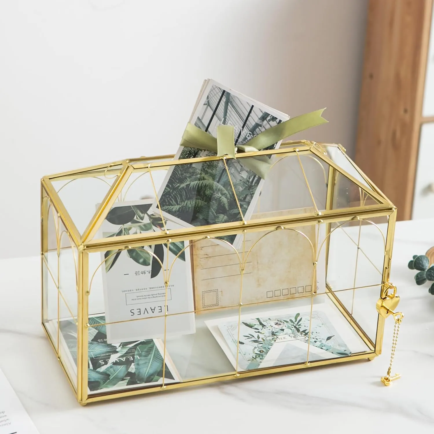 Glass Wedding Card Box with Slot, 12.5'' Large Clear Card Box Gold Brass Gift Card Storage Box with Lock Perfect for Wedding Receptions, Baby Shower, Birthday Party, Bridal Shower