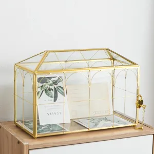 Glass Wedding Card Box with Slot, 12.5'' Large Clear Card Box Gold Brass Gift Card Storage Box with Lock Perfect for Wedding Receptions, Baby Shower, Birthday Party, Bridal Shower