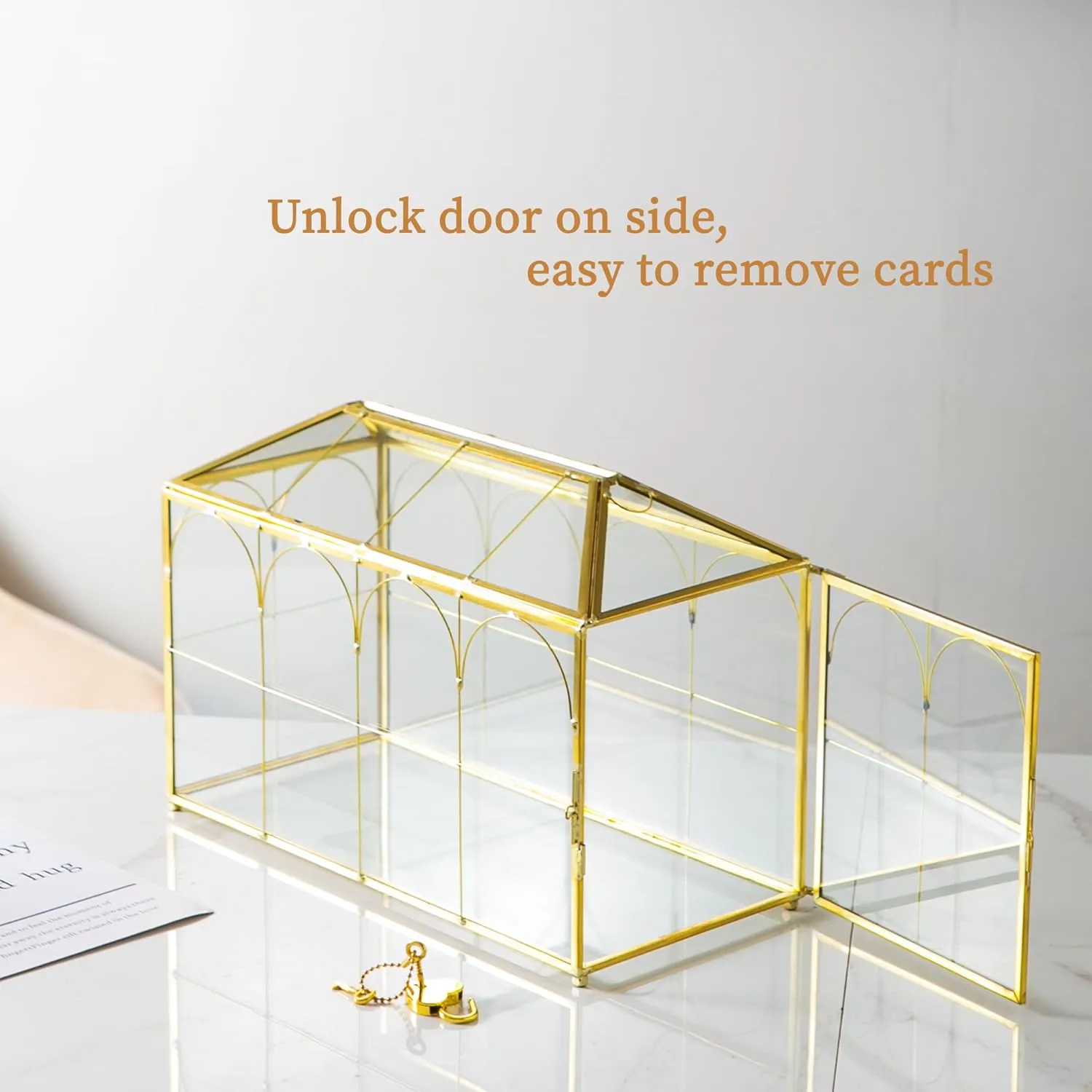 Glass Wedding Card Box with Slot, 12.5'' Large Clear Card Box Gold Brass Gift Card Storage Box with Lock Perfect for Wedding Receptions, Baby Shower, Birthday Party, Bridal Shower