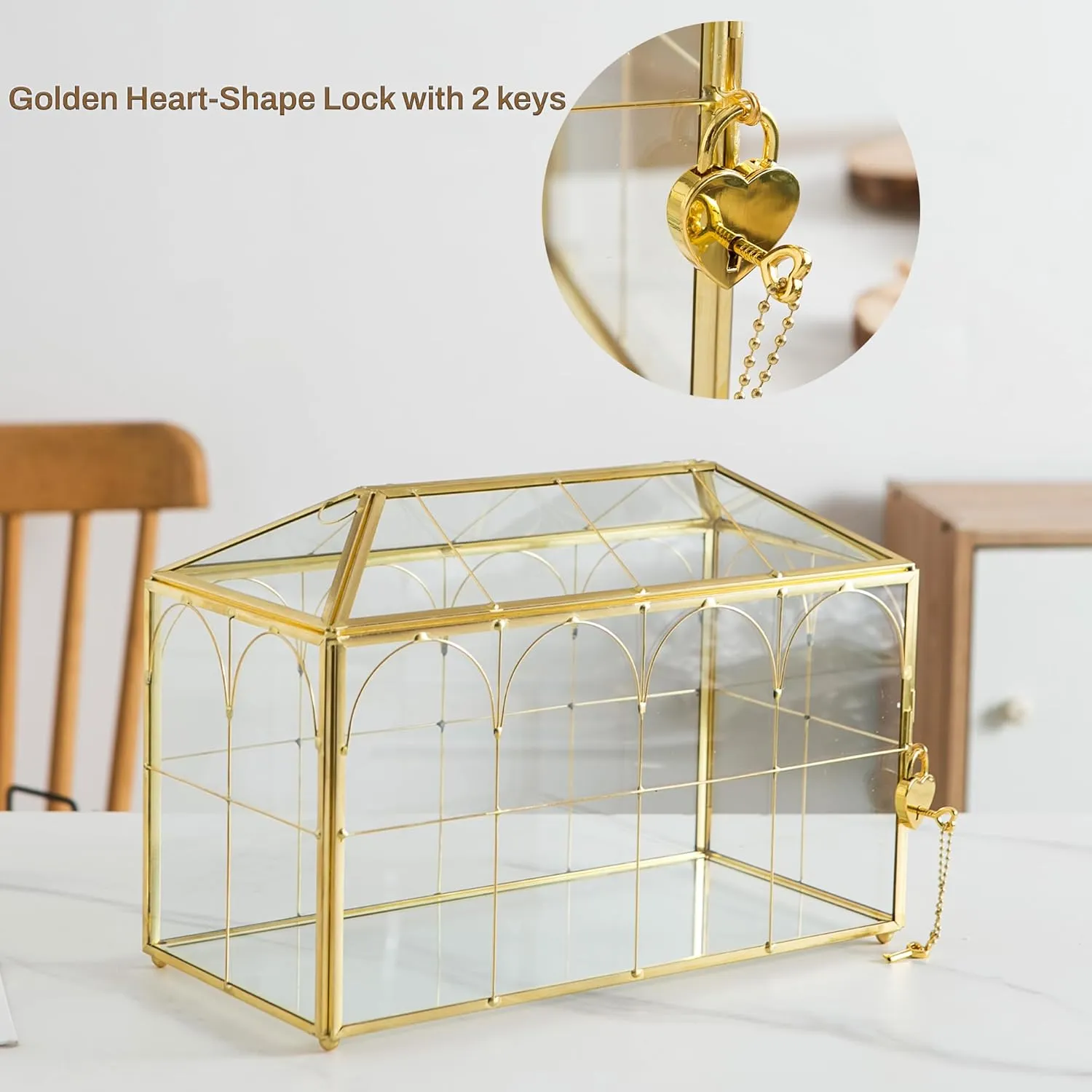 Glass Wedding Card Box with Slot, 12.5'' Large Clear Card Box Gold Brass Gift Card Storage Box with Lock Perfect for Wedding Receptions, Baby Shower, Birthday Party, Bridal Shower