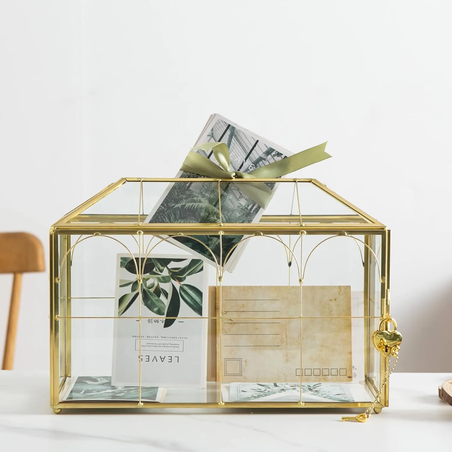 Glass Wedding Card Box with Slot, 12.5'' Large Clear Card Box Gold Brass Gift Card Storage Box with Lock Perfect for Wedding Receptions, Baby Shower, Birthday Party, Bridal Shower