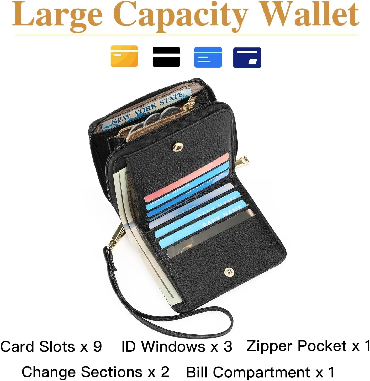 GOIACII Small Wallet for Women RFID Blocking Credit Card Holder Ladies Compact Purse Zip Around Wristlet Vegan Leather Black