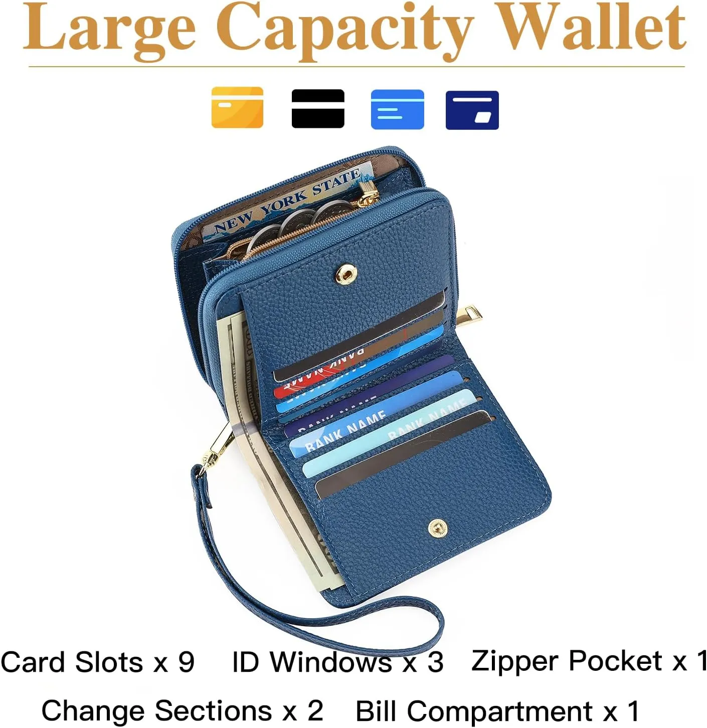GOIACII Small Wallet for Women RFID Blocking Credit Card Holder Ladies Compact Purse Zip Around Wristlet Vegan Leather Blue