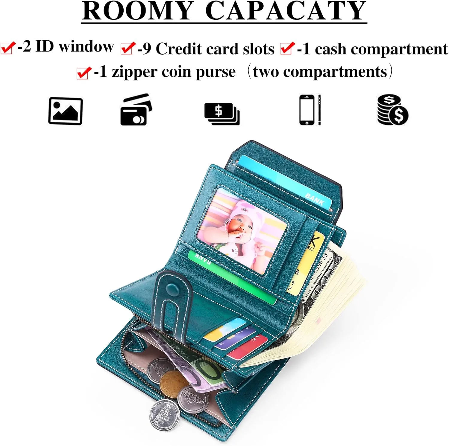 GOIACII Small Wallet Women Rfid Blocking Genuine Leather Compact Bifold Card Holder for Women with Zipper Coin Pocket 2 ID Windows