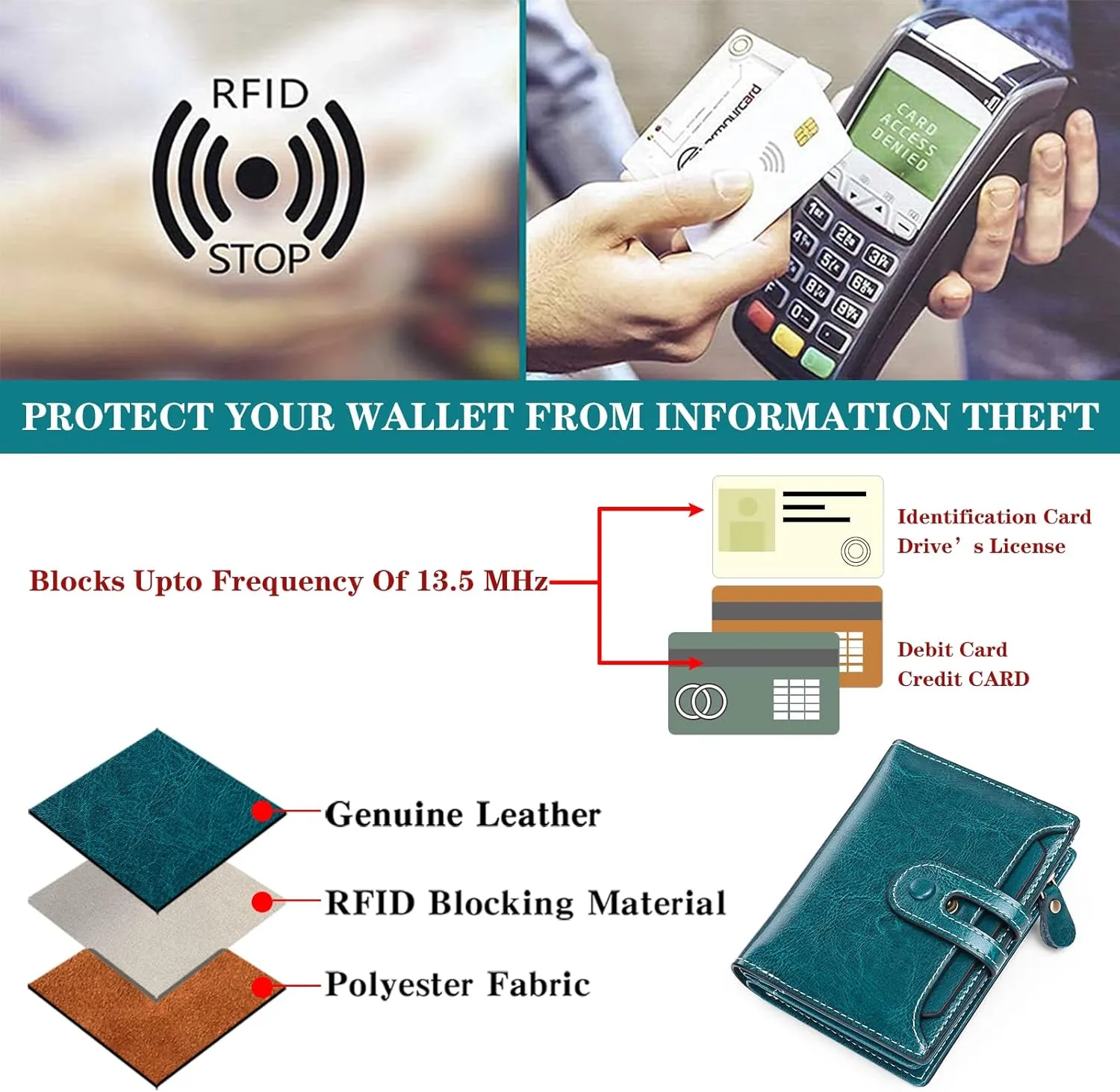 GOIACII Small Wallet Women Rfid Blocking Genuine Leather Compact Bifold Card Holder for Women with Zipper Coin Pocket 2 ID Windows