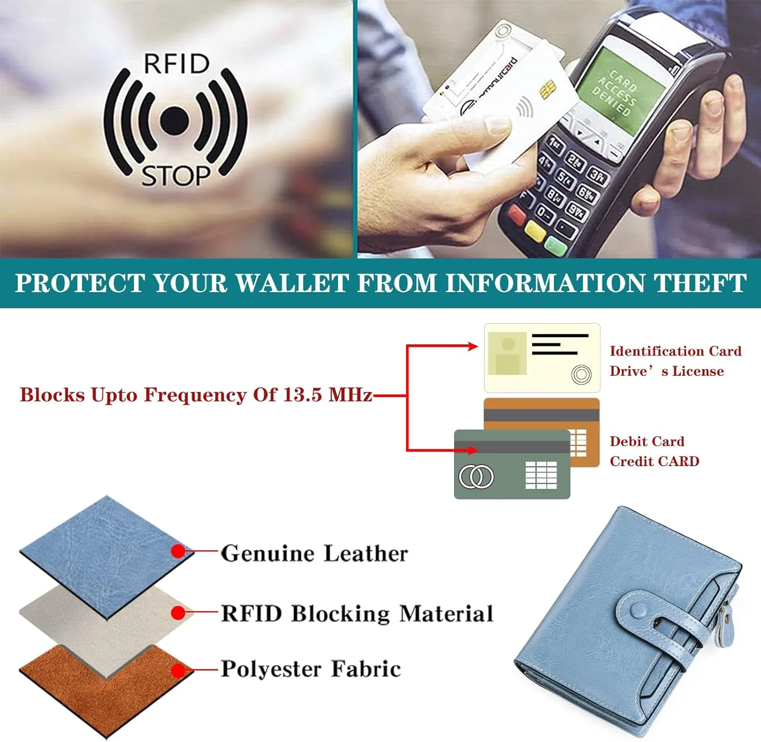 GOIACII Small Wallet Women Rfid Blocking Genuine Leather Compact Bifold Card Holder for Women with Zipper Coin Pocket 2 ID Windows