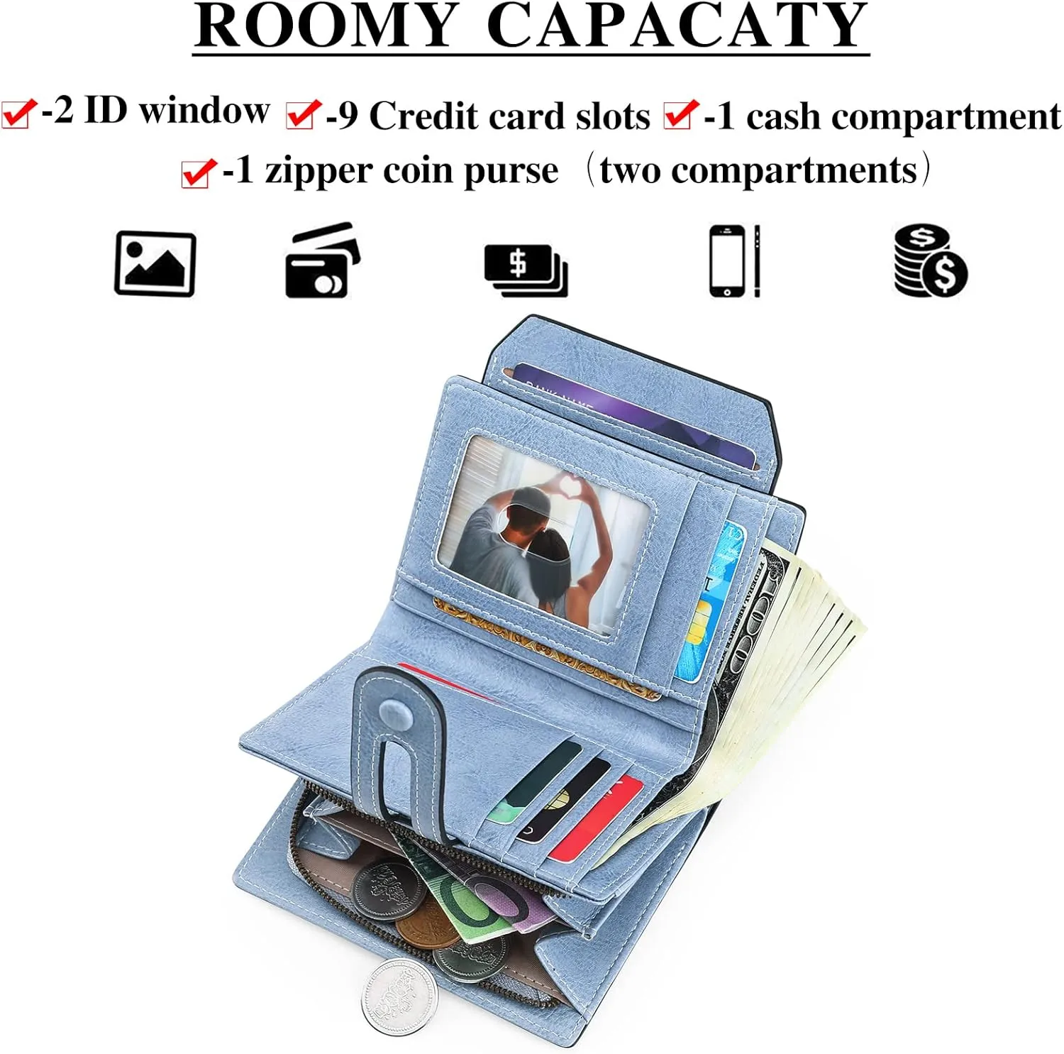 GOIACII Small Wallet Women Rfid Blocking Genuine Leather Compact Bifold Card Holder for Women with Zipper Coin Pocket 2 ID Windows