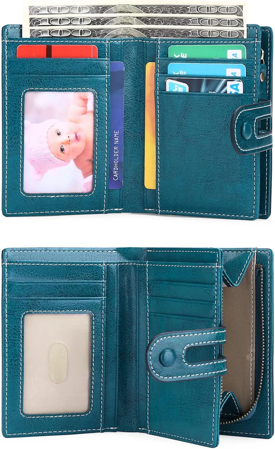 GOIACII Small Wallet Women Rfid Blocking Genuine Leather Compact Bifold Card Holder for Women with Zipper Coin Pocket 2 ID Windows