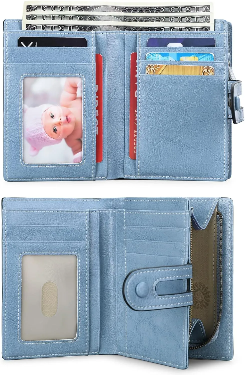 GOIACII Small Wallet Women Rfid Blocking Genuine Leather Compact Bifold Card Holder for Women with Zipper Coin Pocket 2 ID Windows