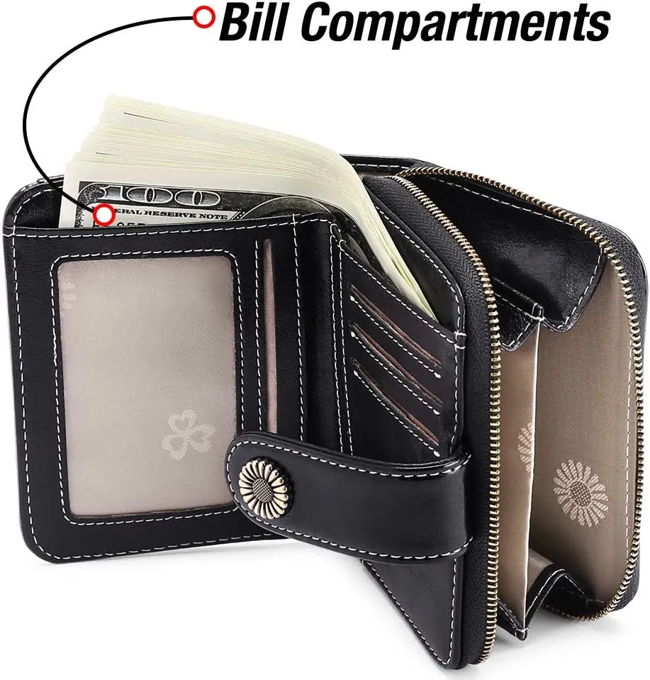 GOIACII Wallet for Women Leather Small RFID Blocking Bifold Zipper Pocket Card Holder with ID Window Black